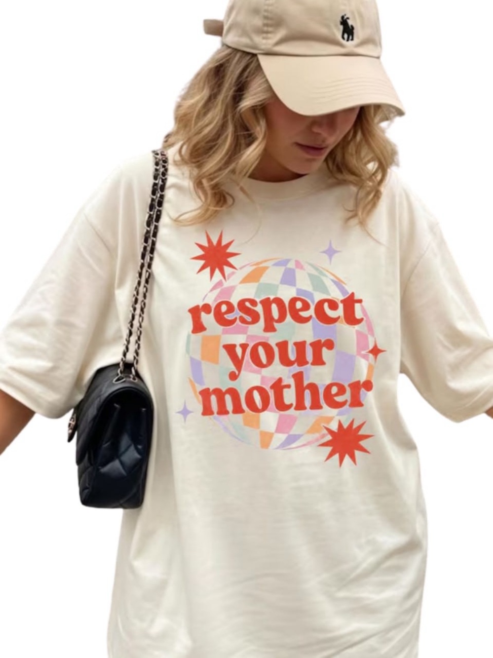 Cream Graphic Tee with Orange-Pink Retro Print